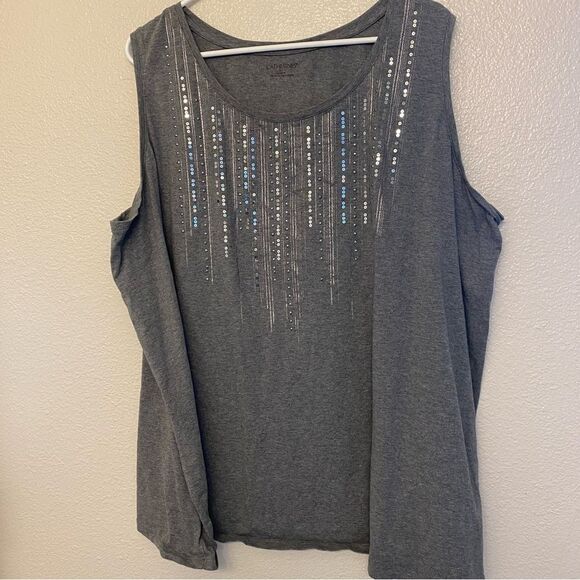 Catherines Plus Size Tank Top sleeveles gray cotton embellish studded sparkly 3X - Picture 1 of 9